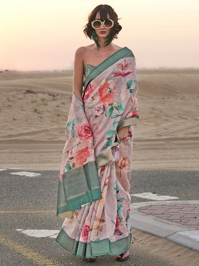 Precious Pink Color Printed Linen Event Wear Saree With Blouse